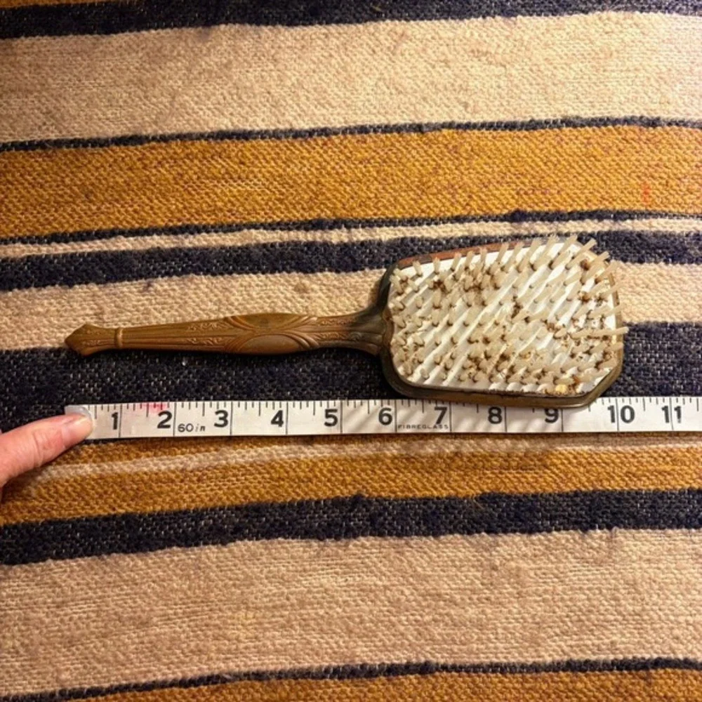 Vintage Art Nouveau Brass Hair Brush Faux Mother of Pearl Floral Vanity Decor‎